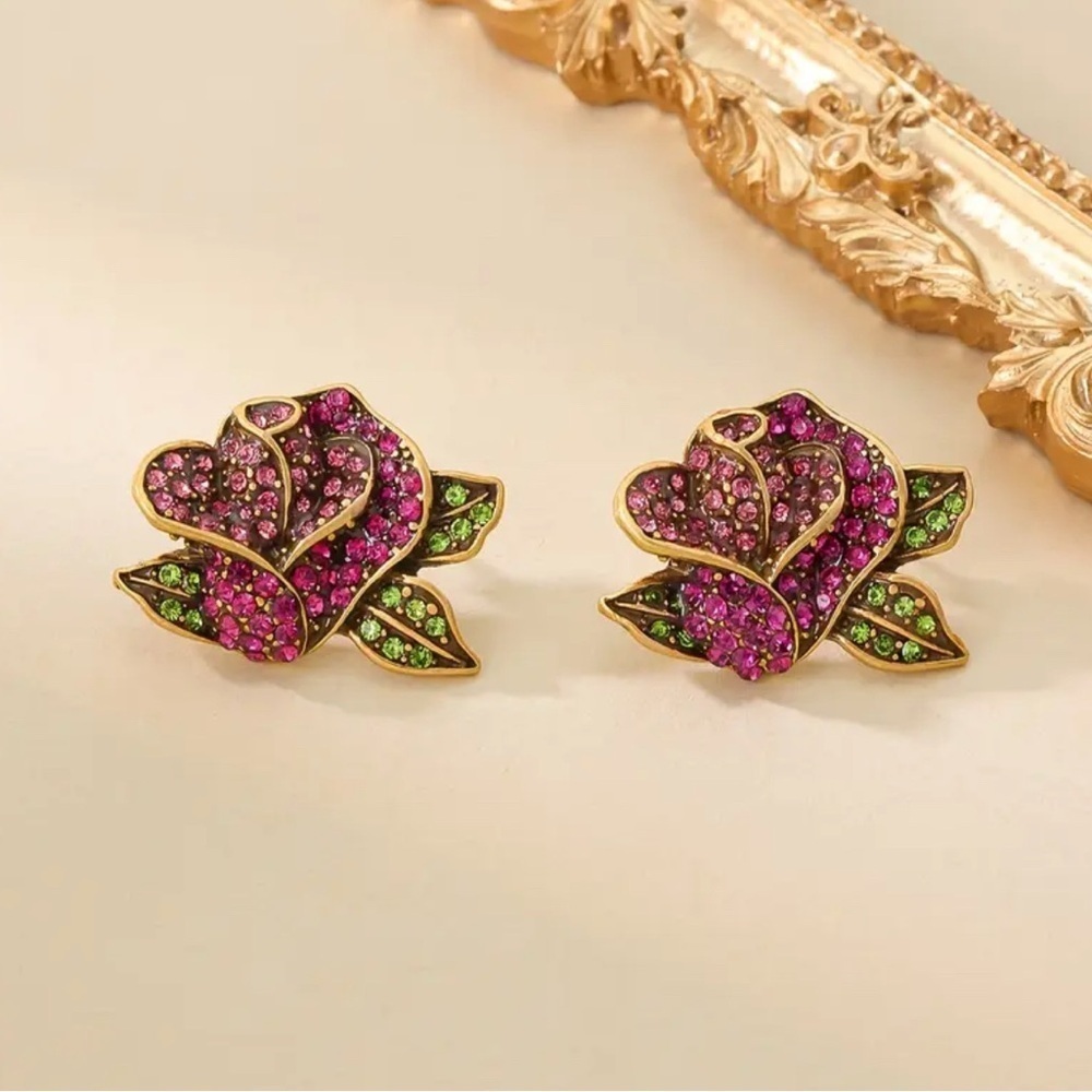 Rose Gold and Pink Floral Rhinestone Earrings